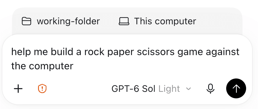 The Codex chat box with a project folder and This computer selected, and a request to build a rock paper scissors game typed in