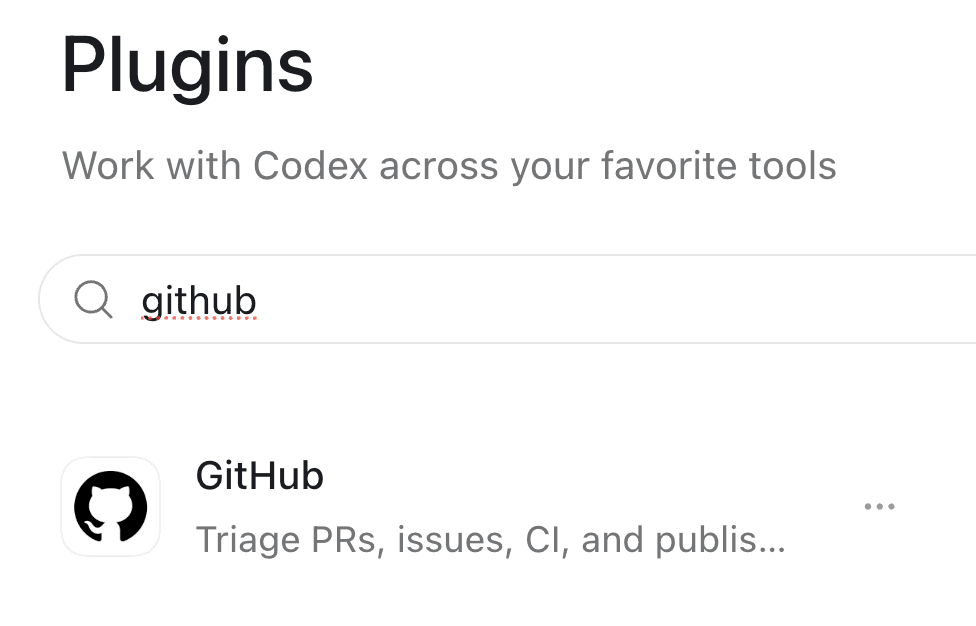 The Codex Plugins page with github typed in the search box and the GitHub plugin in the results