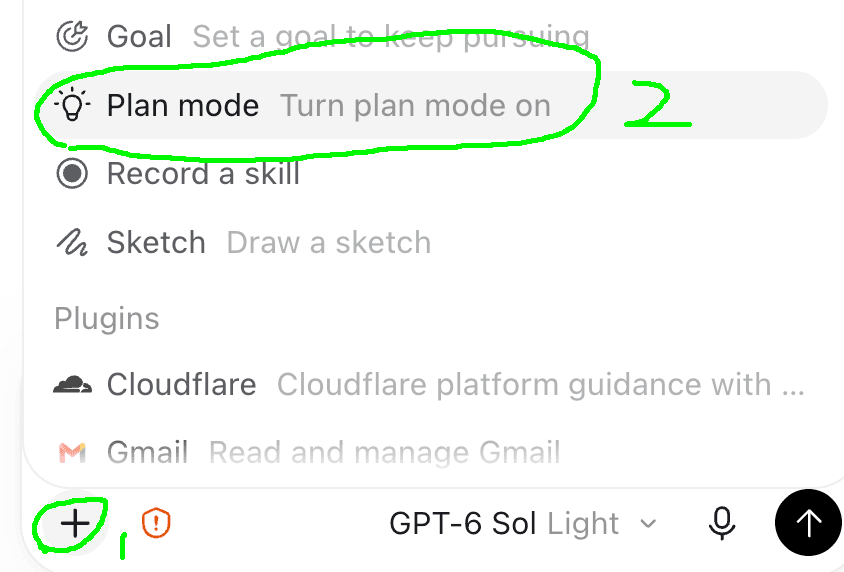 The menu opened from the + button in the Codex chat box, with the + button and Plan mode circled