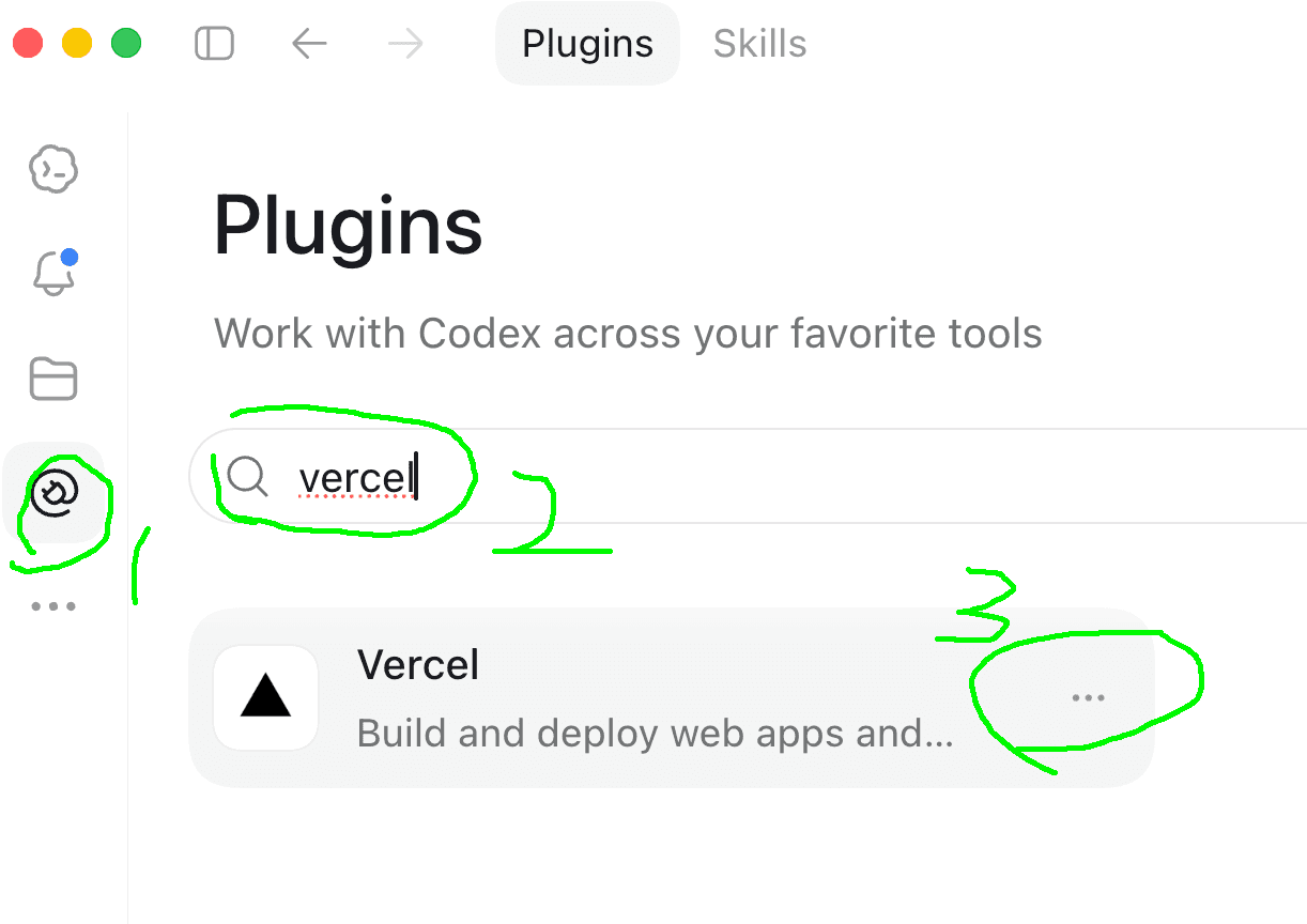 The Codex Plugins page with the Plugins sidebar icon, the search box with vercel typed in, and the button on the Vercel result circled