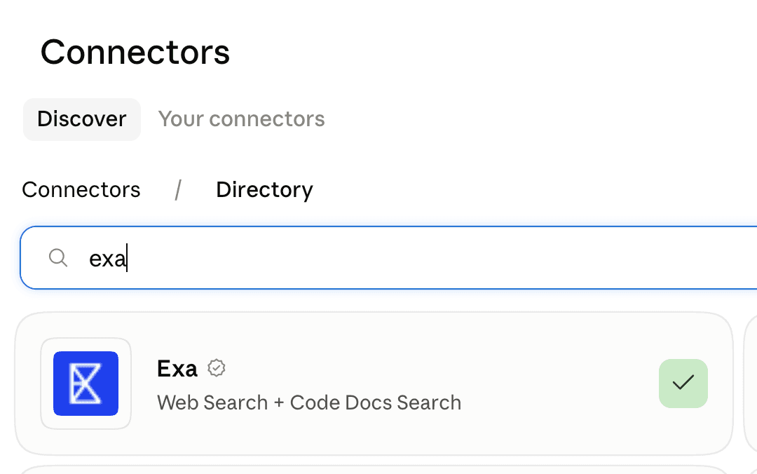 The Exa search tool listed in a connectors directory