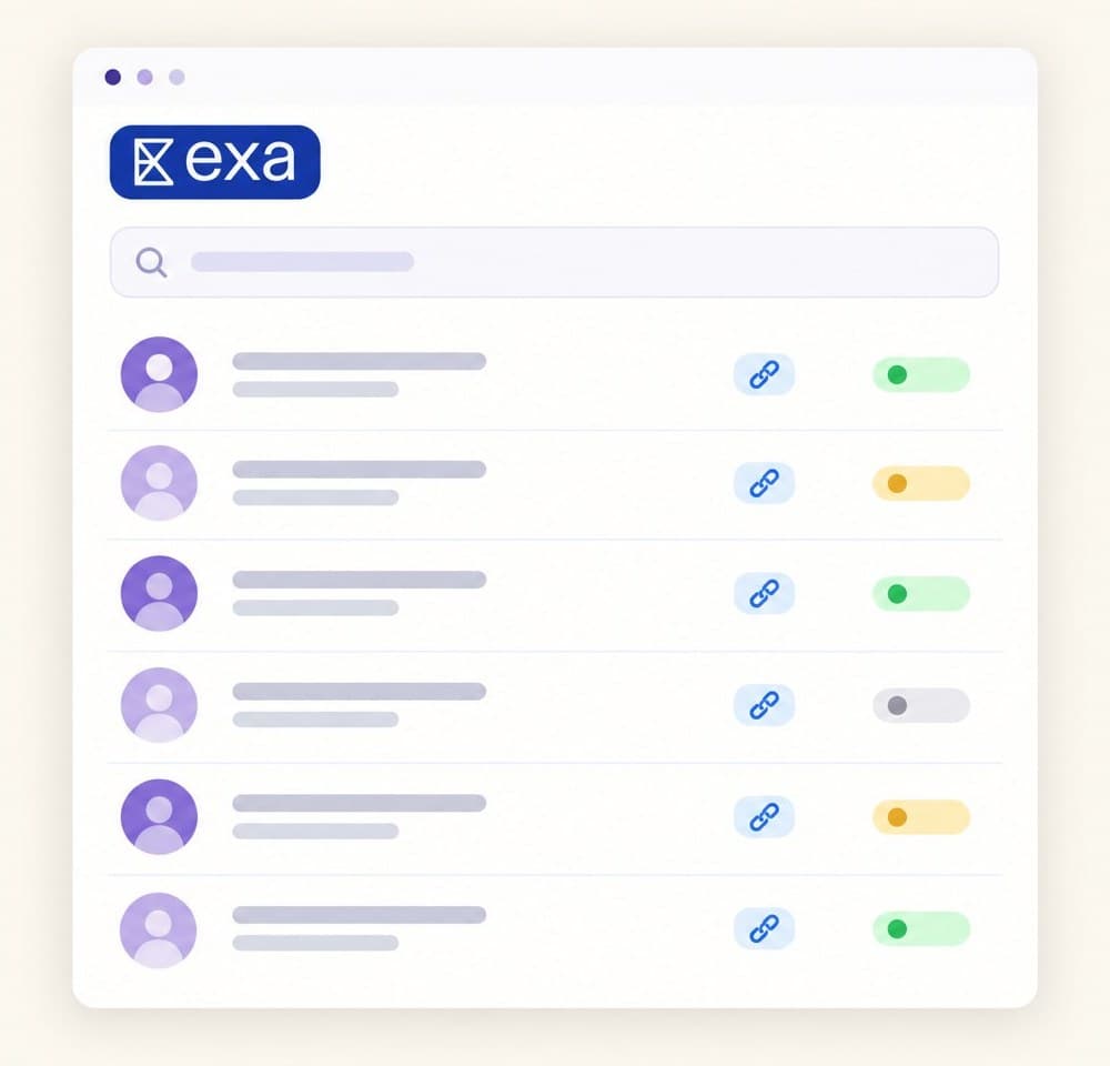 An illustration of a contact list found with Exa: faceless avatars, a link for each person, and a status for each row