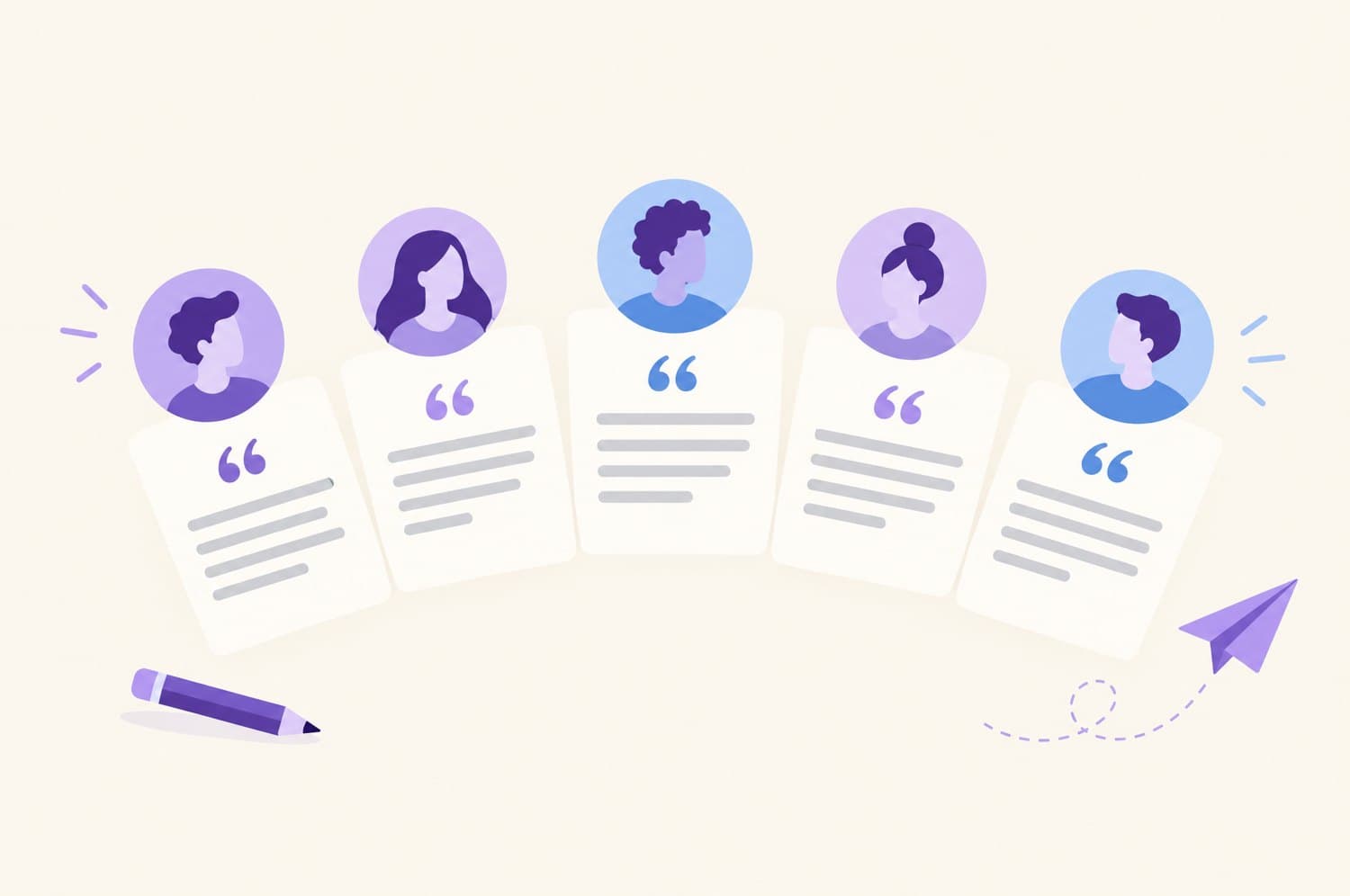 An illustration of five message cards, each starting from a different person's own words